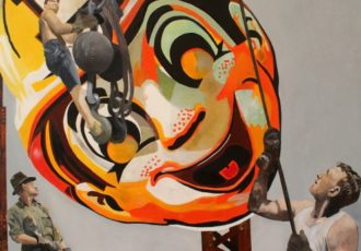 “Clown Erection” Oil on Wood Panel, 48” x 48” by artist Ken Vrana. See his portfolio by visiting www.ArtsyShark.com