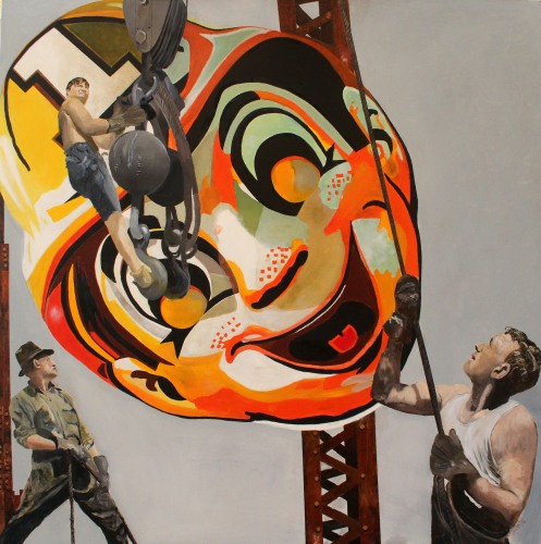 “Clown Erection” Oil on Wood Panel, 48” x 48” by artist Ken Vrana. See his portfolio by visiting www.ArtsyShark.com