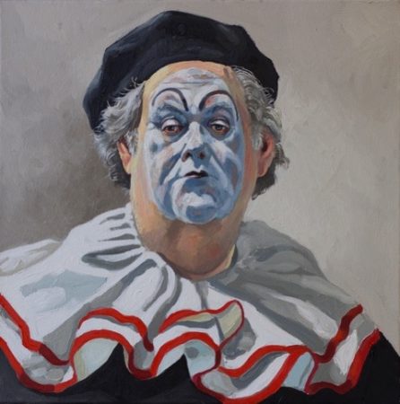“Self Portrait as Pagliacci” Oil on Canvas, 20” x 20” by artist Michael Costello. See his portfolio by visiting www.ArtsyShark.com