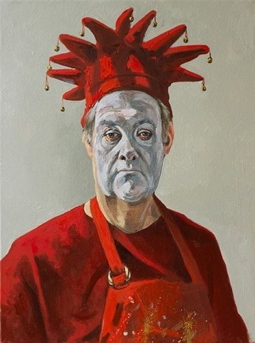 “Red and White Self Portrait” Oil on Canvas, 18” x 24” by artist Michael Costello. See his portfolio by visiting www.ArtsyShark.com