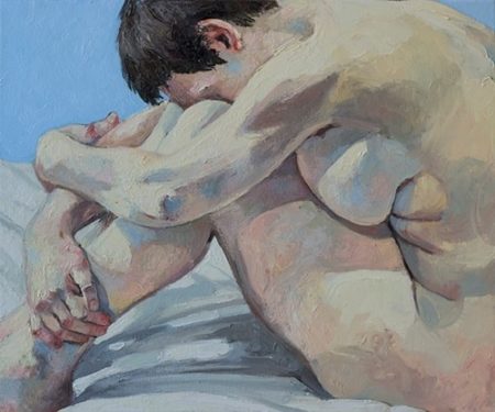 “Seated Nude with Blue” Oil on Canvas, 24” x 20” by artist Michael Costello. See his portfolio by visiting www.ArtsyShark.com