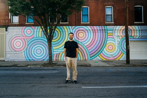 "Sunshine and Shadow" 17 x 60 foot mural completed in 2015 in Louisville, Kentucky by Gibbs Rounsavall. Read about it at www.ArtsyShark.com