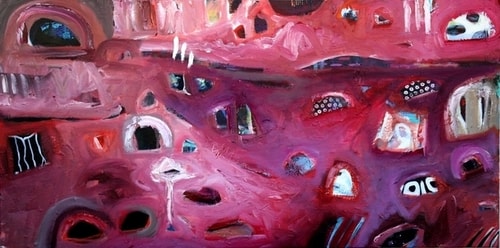 “Sun sets over my land” Acrylic and Oil on Canvas, 48” x 24” by artist Jayne Rolinson. See her portfolio by visiting www.ArtsyShark.com