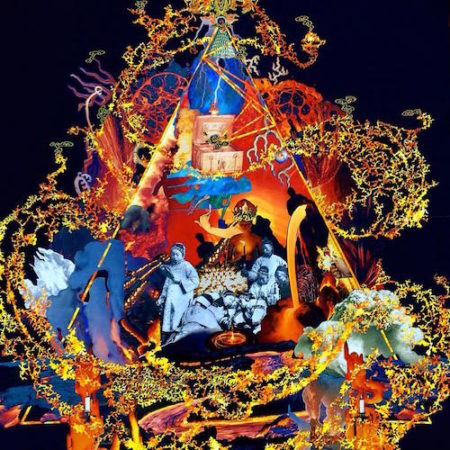 "Fire" (Collaboration with Blake Conroy) Collage, 32" x 32" by artist Jodi Bee. See her portfolio by visiting www.ArtsyShark.com
