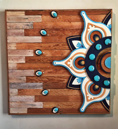 "Jessie Mandala" Kisipo, Acrylic Paint, Lath, Turquoise and Mixed Media, 24" x 24" by artist Andrew Pisula. See his portfolio by visiting www.ArtsyShark.com