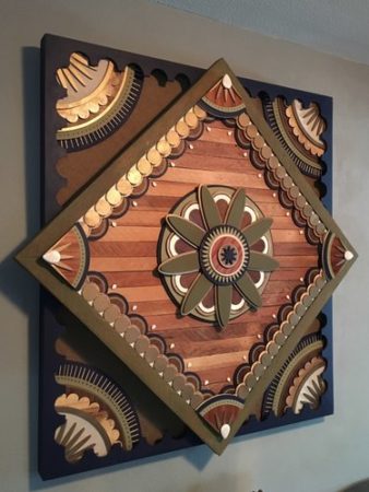 "Mandala XVI" Lathe, Walnut, Mahogany, Kisipo, Acrylic Paint, Turquoise, Burlap and Mixed Media, 42" x 38" by artist Andrew Pisula. See his portfolio by visiting www.ArtsyShark.com