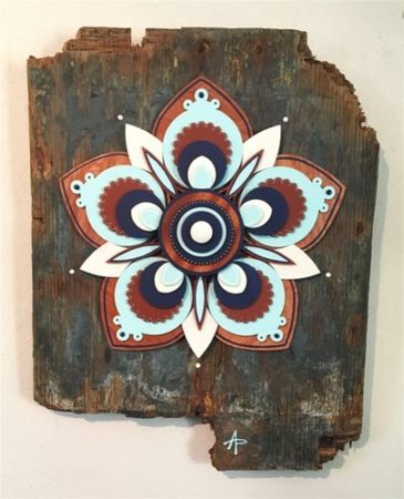 "Mandala XVIII" Kisipo, Acrylic Paint and Mixed Media on Ocean Inlet Drowned Wood Background, 18" x 21" by artist Andrew Pisula. See his portfolio by visiting www.ArtsyShark.com