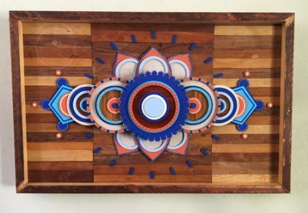 "Mandala XX" Kisipo, Mahogany, Acrylic Paint, Linen and Mixed Media on Teak Background, 24" x 16" by artist Andrew Pisula. See his portfolio by visiting www.ArtsyShark.com