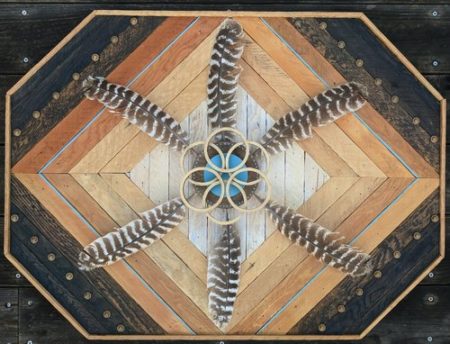 "Mandala XXII" Turkey Feathers, Reclaimed Lathe Upholstery, Hardware, Acrylic Paint, Wood and Gold Leaf, 33" x 25" by artist Andrew Pisula. See his portfolio by visiting www.ArtsyShark.com