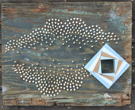 "Marine Cloud with Sacred Geometry" Acrylic Paint and Wood on Reclaimed Wood Background, 30" x 24" by artist Andrew Pisula. See his portfolio by visiting www.ArtsyShark.com