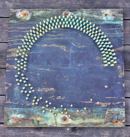 "Marine Enso" Acrylic Paint, Painted Reclaimed Wood, Wood Points with Gold Leaf, 24" x 24" by artist Andrew Pisula. See his portfolio by visiting www.ArtsyShark.com