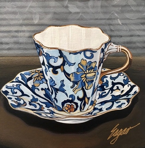 "Royal Blue Teacup" painting by Clint Eagar. Read his artist story at www.ArtsyShark.com