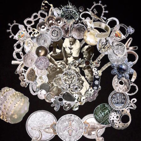 "Silver Treasure" Collage, 32" x 32" by artist Jodi Bee. See her portfolio by visiting www.ArtsyShark.com