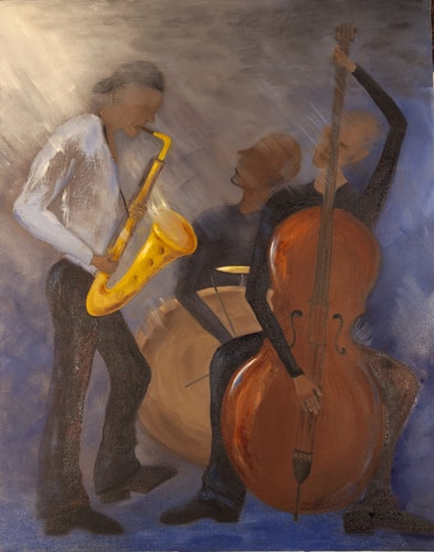 “Playing the Blues” Oil on Linen, 24” x 30” by artist Elaine Witten. See her portfolio by visiting www.ArtsyShark.com