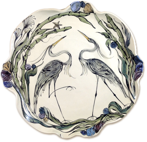 Large Round Hanging Platter—Heron Pattern, Ceramic, 16” x 2” by artist Nancy Salamon. See her portfolio by visiting www.ArtsyShark.com