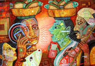 "At the Market Place" Oil on Canvas, 60" x 40" by artist Valluri Venkata Swamy. See his portfolio by visiting www.ArtsyShark.com