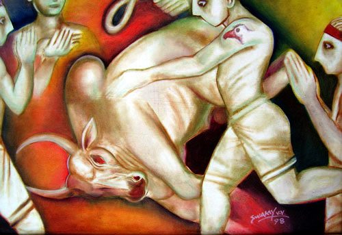 "Bull Fight" Oil on Canvas, 32" x 24" by artist Valluri Venkata Swamy. See his portfolio by visiting www.ArtsyShark.com