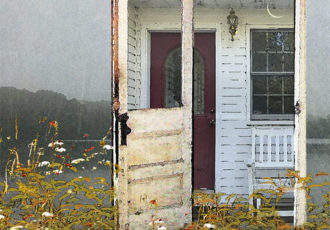 “Back Porch” Collage on Canvas, 20” x 20” by artist Sara Slee Brown. See her portfolio by visiting www.ArtsyShark.com