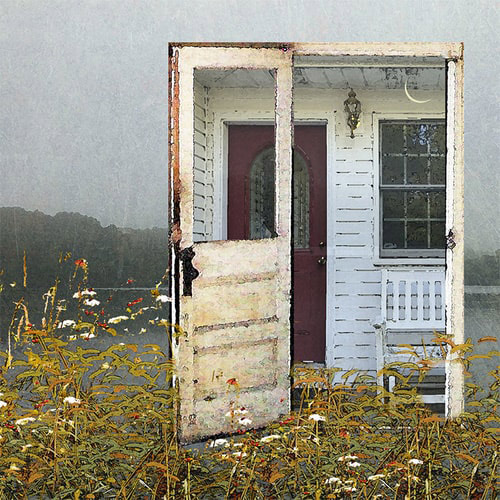 “Back Porch” Collage on Canvas, 20” x 20” by artist Sara Slee Brown. See her portfolio by visiting www.ArtsyShark.com