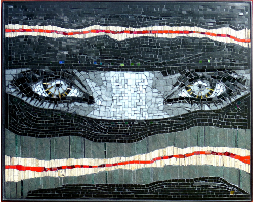 “Black and White Veil” Granite, Slate, Travertine and Glass on Wood Framed Cement Board, 35” x 28” by artist Frederic Lecut. See his portfolio by visiting www.ArtsyShark.com