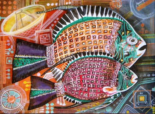 "Fish" Acrylic on Paper, 13" x 11" by artist Valluri Venkata Swamy. See his portfolio by visiting www.ArtsyShark.com