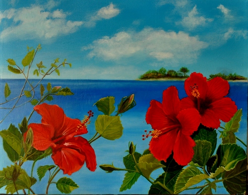 "Hibiscus" Oil on Canvas, 20" x 16" by artist Lola Stanton. See her portfolio by visiting www.ArtsyShark.com