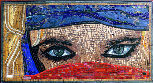 “Miriam’s Eyes” Granite, Travertine, Marble, Ceramic and Glass on Wood Framed Cement Board, 39” x 21” by artist Frederic Lecut. See his portfolio by visiting www.ArtsyShark.com