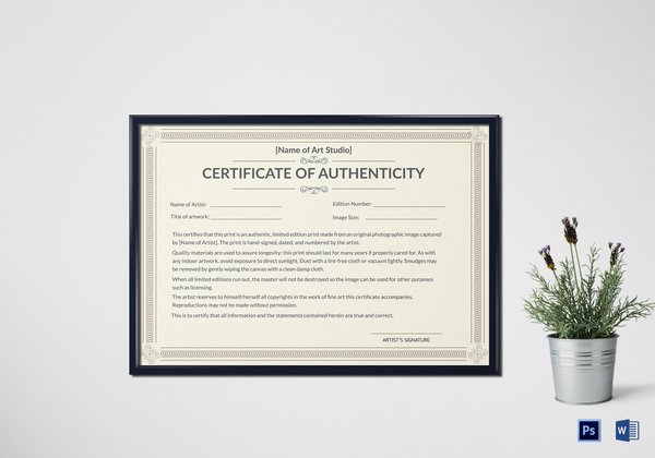 Printable Certificate of Authenticity for Artists available online