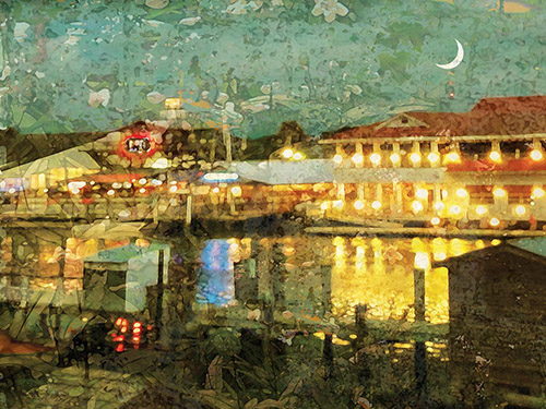 “Shem Creek” Collage on Canvas, 48” x 36” by artist Sara Slee Brown. See her portfolio by visiting www.ArtsyShark.com