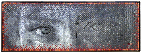 “Yezidi Female Fighter” Glass on Wood Framed Cement Board , 50” x 18” by artist Frederic Lecut. See his portfolio by visiting www.ArtsyShark.com