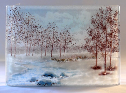 “First Snow” Layered Glass Landscape, 9” x 6” by artist Steph Mader. See her portfolio by visiting www.ArtsyShark.com