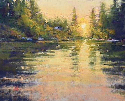 "Gold in the Lake" Pastel, 10" x 8" by artist Alejandra Gos. See her portfolio by visiting www.ArtsyShark.com
