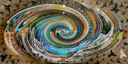 “Plaza Blanca Spiral” Acrylic painting of earth and spiritual elements by artist Sam Brown