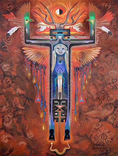 “Owl Prayer” painting by artist Sam Brown with native american motifs