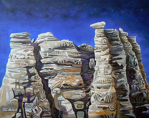 “Plaza Blanca Spirits” painting of totem cliffs with southwest tribal influence by artist Sam Brown
