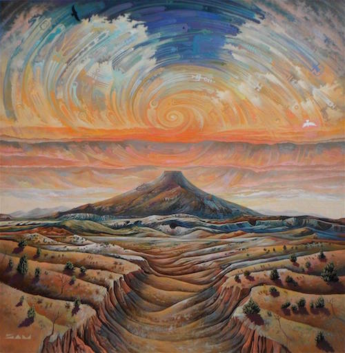“Spirit Spiral, Pedernal" painting of a surreal southwest landscape by artist Sam Brown