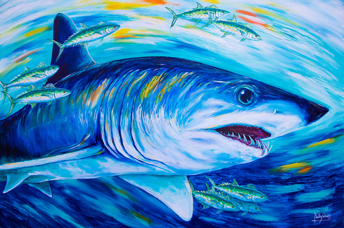 “Blue Dynamite” Acrylic on Canvas, 36” x 24” by artist Kelly Quinn. See her portfolio by visiting www.ArtsyShark.com