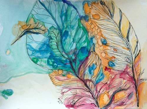 "Colors of a Bright Life" Watercolor and Ink, 12" x 9" by Cary Wyninger. See her portfolio by visiting www.ArtsyShark.com
