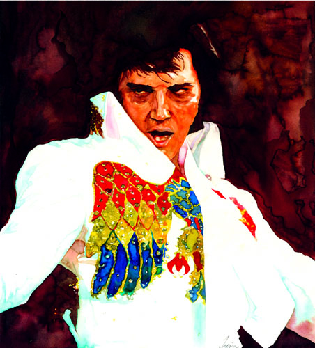 “Elvis (Elvis Presley) Inks and Watercolor, 14” x 20” by artist Marcelo Neira. See his portfolio by visiting www.ArtsyShark.com