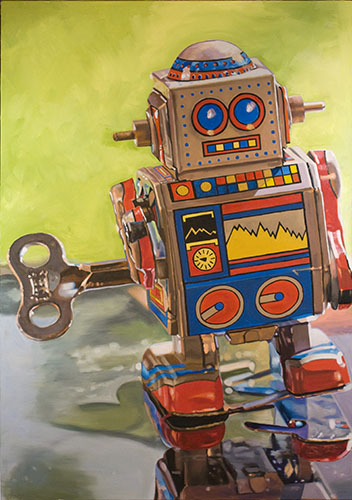 "Mini Robot" Oil on Canvas, 24" x 34" by artist Andrea Alvin. See her portfolio by visiting www.ArtsyShark.com