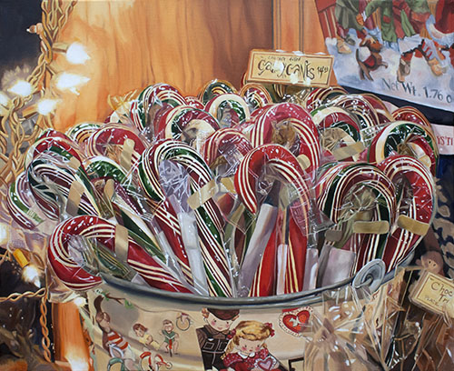 "Samuel's Candy Canes" Oil on Linen, 30" x 24" by artist Andrea Alvin. See her portfolio by visiting www.ArtsyShark.com