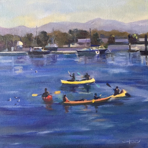 "Kayakers' Circle" Oil on Board, 8" x 8" by Shannon Celia. See her portfolio by visiting www.ArtsyShark.com