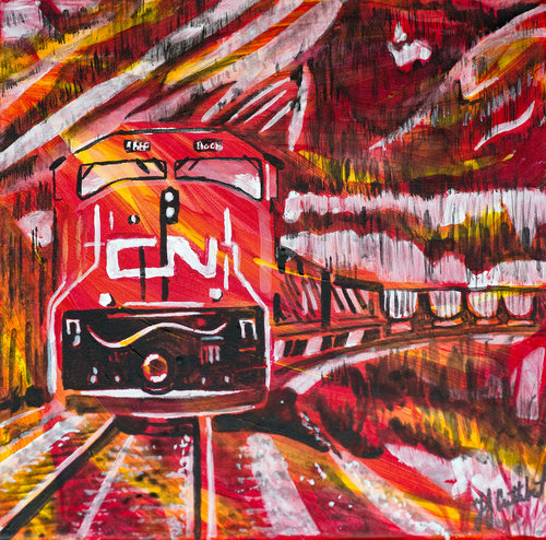 "Trains Connecting Canada Coast to Coast, Celebrate Canada Series, acrylic, 12" x 12" by Yvette Cuthbert. See her work at www.ArtsyShark.com