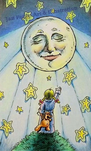 “I See The Moon” Prismacolor Verithin and Micron on Bristol Vellum, 4” x 6” by artist Jan Fagan. See her portfolio by visiting www.ArtsyShark.com