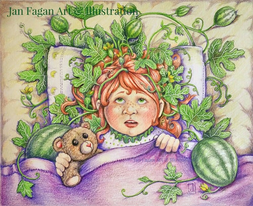 “Mary Ellen Watermelon” Prismacolor Premier and Verithin on Bristol Vellum, 10” x 8” by artist Jan Fagan. See her portfolio by visiting www.ArtsyShark.com