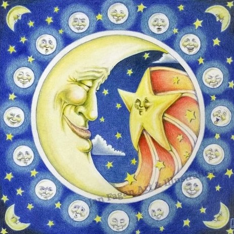 “Phaces of the Moon” Prismacolor Premier and Verithin on Bristol Vellum, 10” x 10” by artist Jan Fagan. See her portfolio by visiting www.ArtsyShark.com