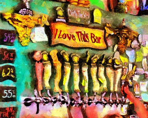 "I Love this Bar" Acrylic, Mixed Media and Pigment on Canvas, 24" x 20" by artist Marilyn Sholin. See her portfolio by visiting www.ArtsyShark.com