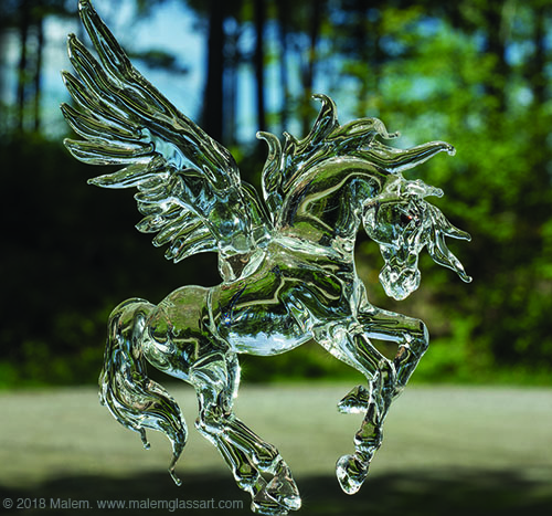 “Landing Pegasus” Borosilicate Glass Flame Worked, 6” Tall by artist Malem Lemieux. See her portfolio by visiting www.ArtsyShark.com