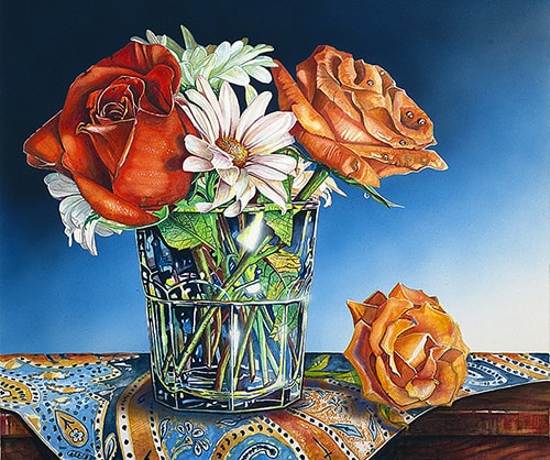 "Roses and Daisies" Watercolor, 28" x 24" by artist Al Vesselli. See his portfolio by visiting www.ArtsyShark.com