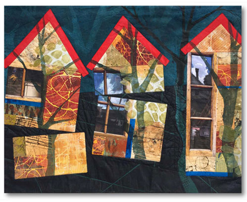 “How Do You Build a House. Build it Strong. So it doesn’t break in two” Textile Collage/Art Quilt, 42.5” x 32.5” by artist Bobbi Baugh. See her portfolio by visiting www.ArtsyShark.com